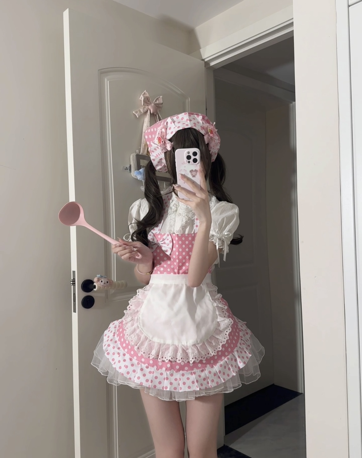 自制粉色小厨娘可爱围裙lolita衬衫软萌宅系doll感女仆装生日