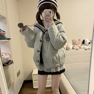 奶糖兔羽绒服短款外套奶蓝绿色水手针织衫叠穿小众韩系蕾丝内搭