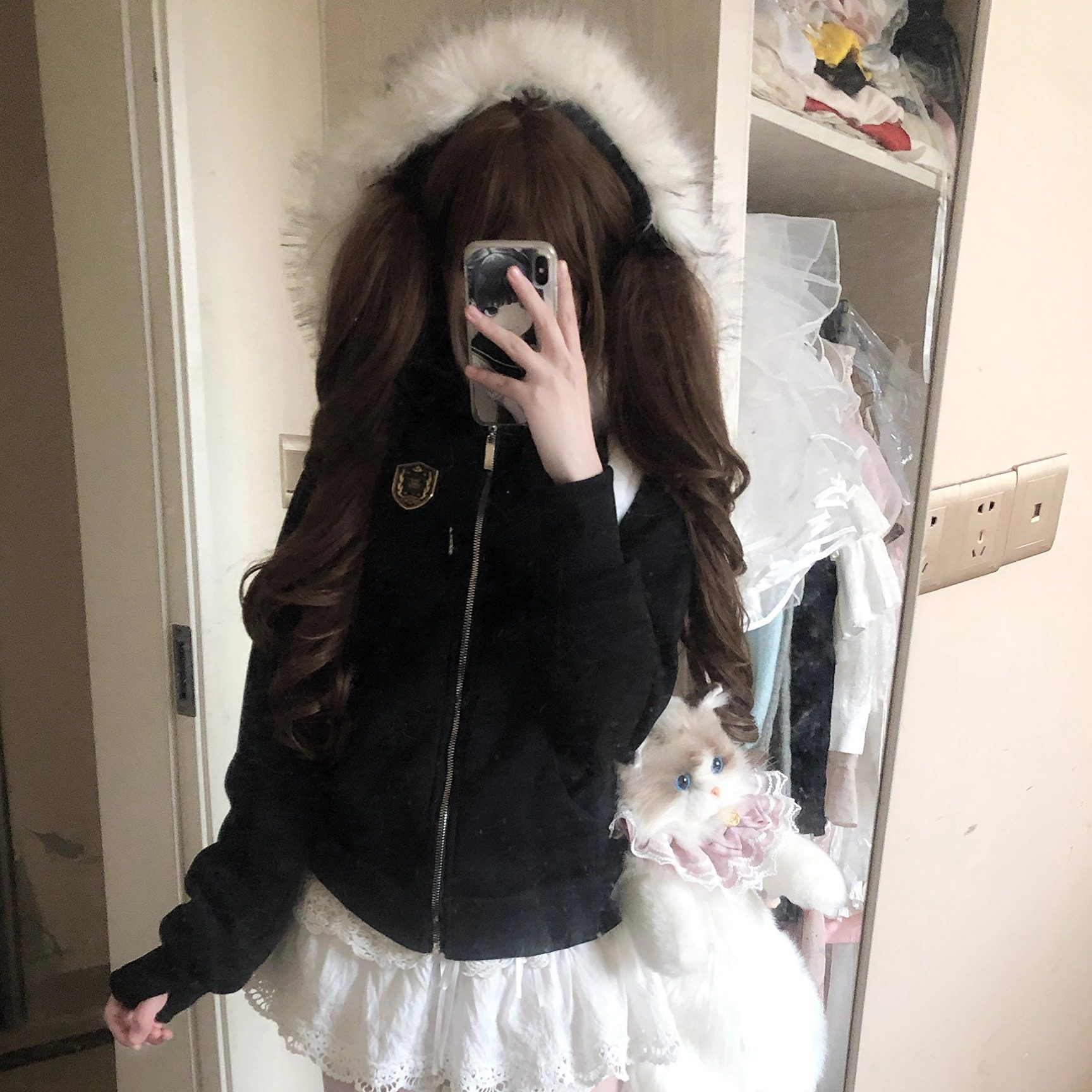 自制春秋瑜伽卫衣蕾丝花边短裙jk制服外套萌宅系修身显瘦