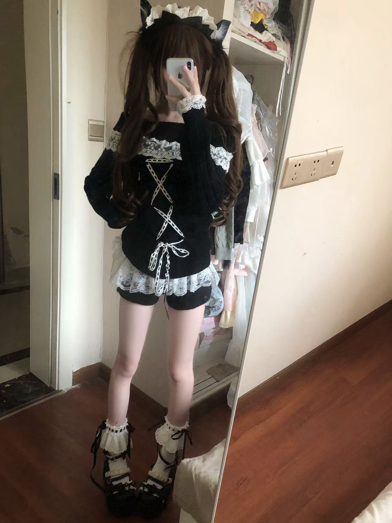 自制一字肩毛衣蕾系可爱蕾丝花边日系清楚系绑带纯欲韩系富家千金