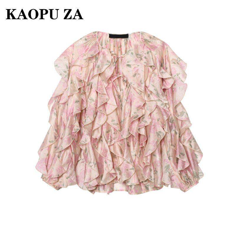 KAOPU ZA 2025欧美风春女装印花荷叶边长袖雪纺衫时尚法式设计感