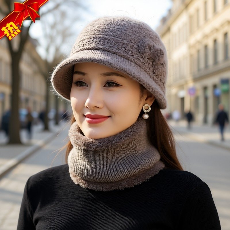 中老年帽子女秋冬针织盆帽冬季老人妈妈帽保暖老太太帽子围脖套装