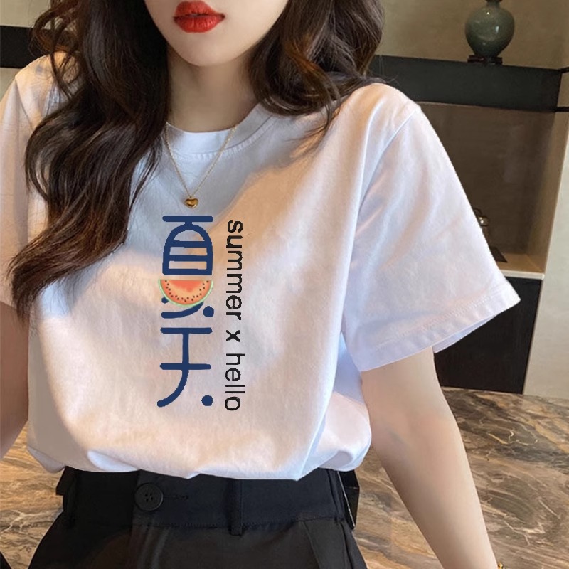 100%纯棉夏季宽松薄款体恤衫夏天文字西瓜印花短袖落肩上衣t恤女