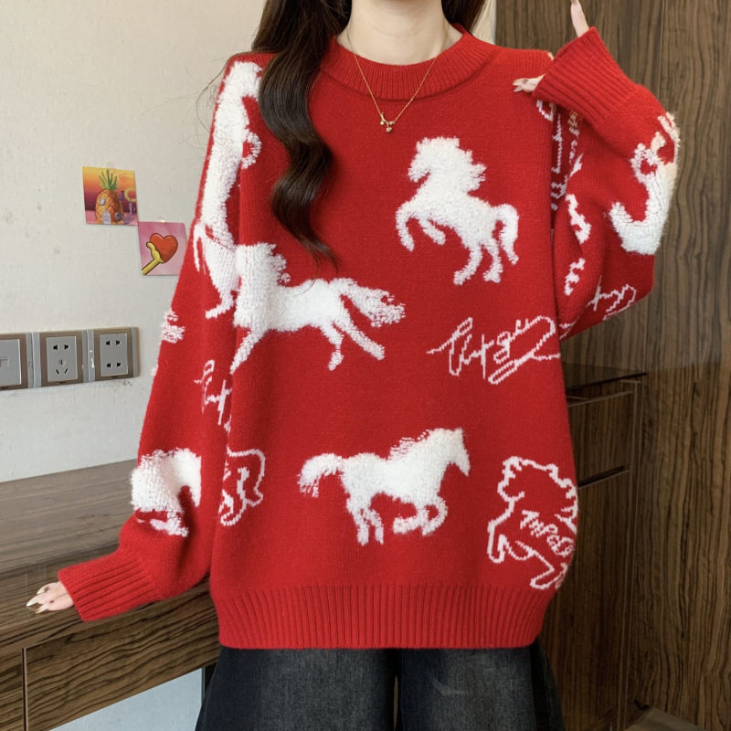 2026新年款火红色毛衣女款马年本命年过年衣服圆领宽松冬季针织衫,女装/女士精品,毛衣,淘宝优惠券,粉丝福利购,淘宝优惠卷