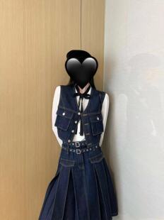 双腰头压褶半裙 撞色线立体口袋马甲 小景家同款 重磅赛络纺牛仔