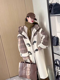 小景家同款澳洲进口90支美丽诺羊毛 格纹拼接双面呢牛角扣大衣