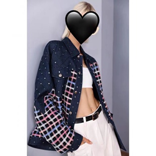 正反口袋复古牛仔拼接外套女 设计师款 小景家同款 重工