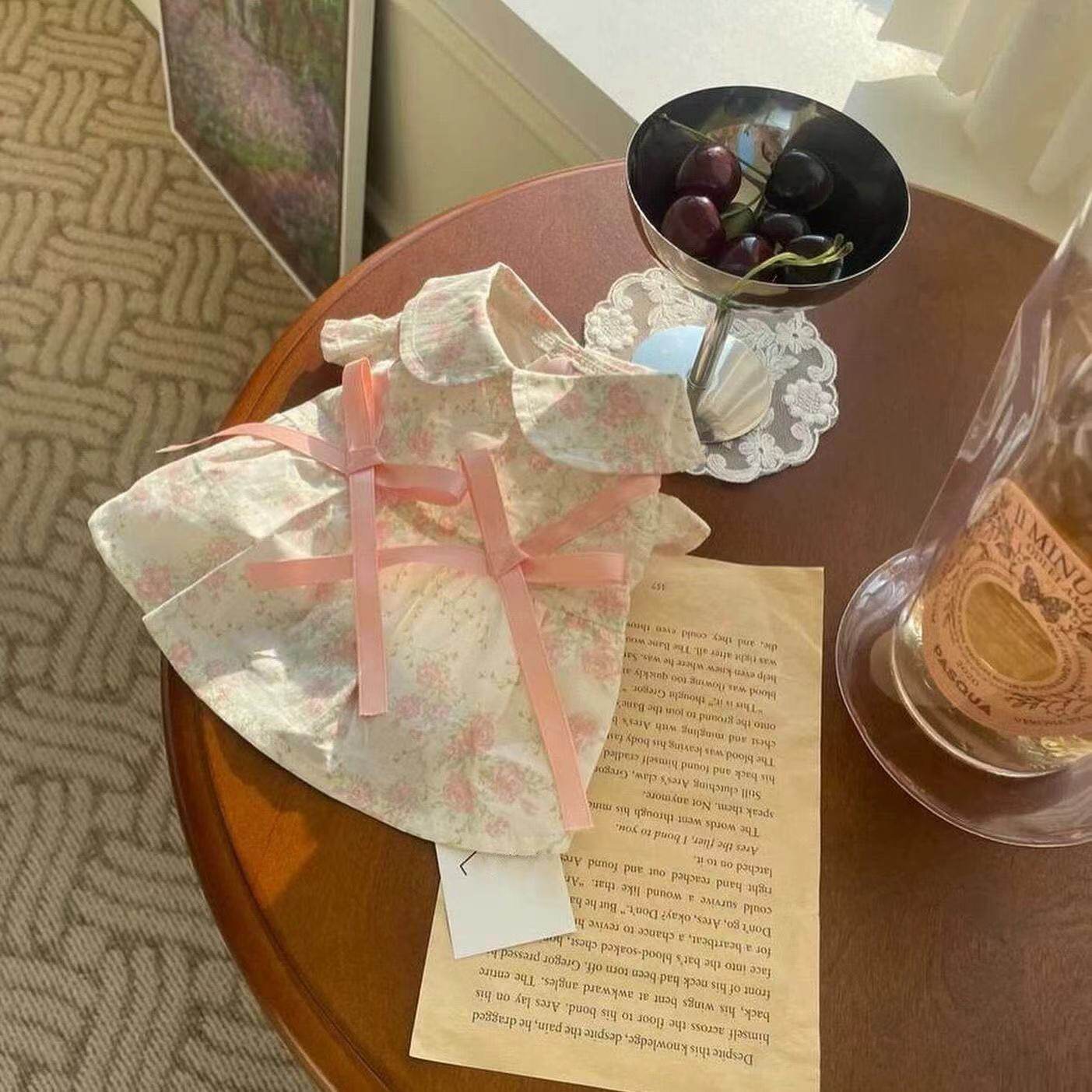 INS韩国春夏娃娃领碎花蝴蝶结裙马尔济斯比熊泰迪狗猫咪宠物衣服