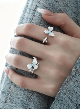 悦己碎冰蓝色花朵戒指纯银S925戒指轻奢高级感冰晶开口戒银饰新款