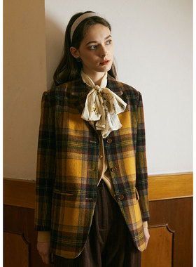 Holypark 20/FW 韩国羊毛粗花呢 冬日色系黄紫混色格纹西装复古