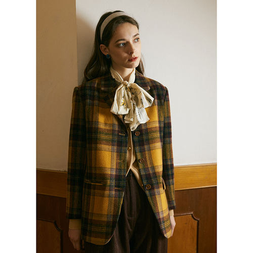 韩国进口羊毛粗花呢格纹复古西装