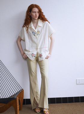 Holypark 古巴领纯棉十字绣花朵衬衣