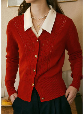 Holypark 2020/FW 新年红康赛尼羊毛羊绒 古典钩花拜年开衫