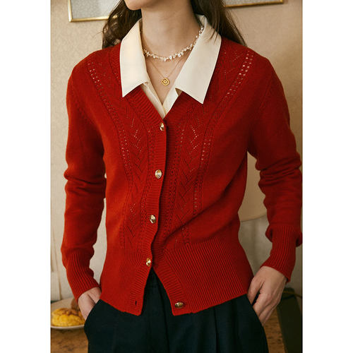 康赛尼羊毛羊绒钩花开衫