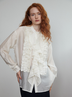 Holypark 2023秋 浪漫法式重工荷叶边天丝长袖衬衫