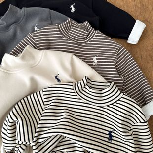 儿童打底衫2024加绒加厚条纹加厚上衣保暖长袖女童宝宝高领打底衫