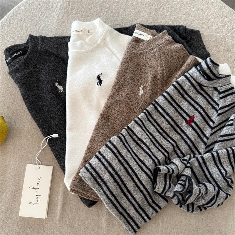 儿童长袖T20250秋冬新品男女童百搭刺绣打底衫宝宝条纹内搭