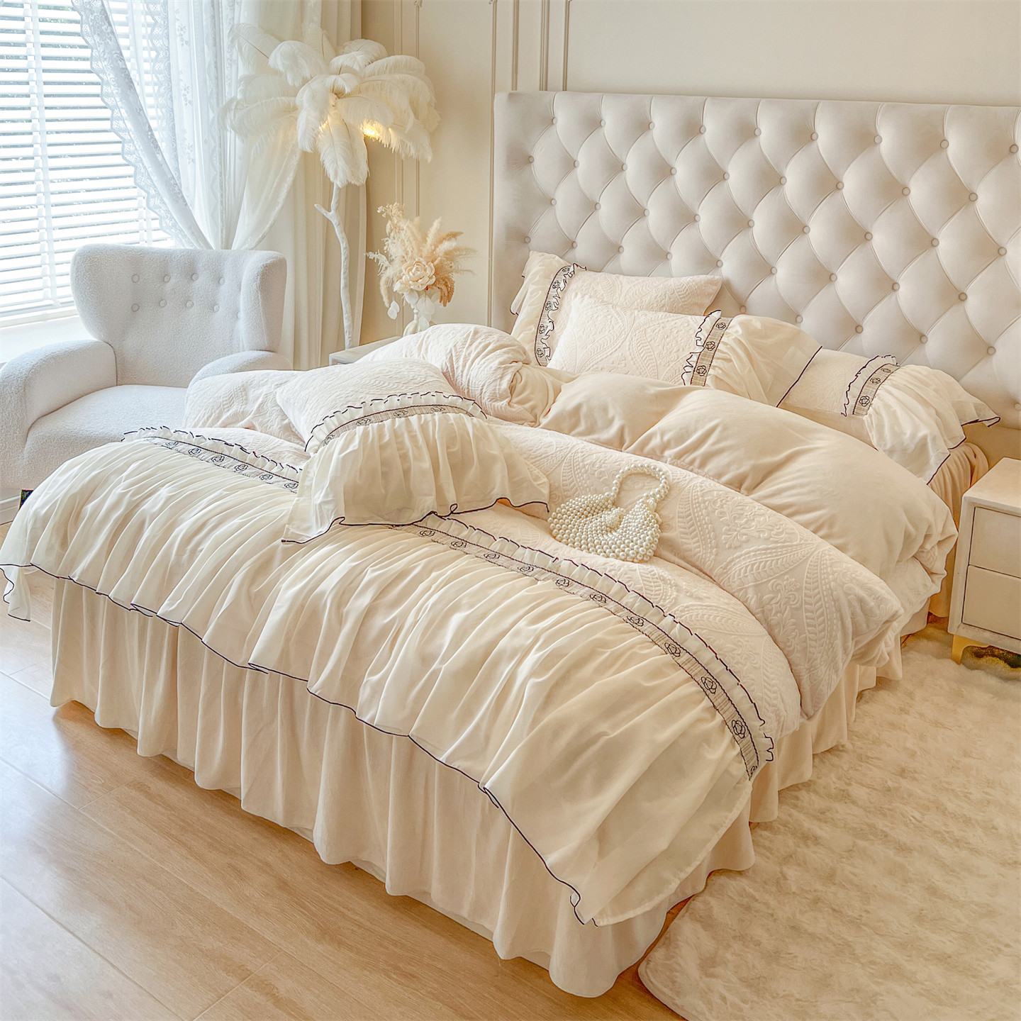 法式轻奢冬季加厚保暖公主风牛奶绒四件套珊瑚绒花边床裙被套床品