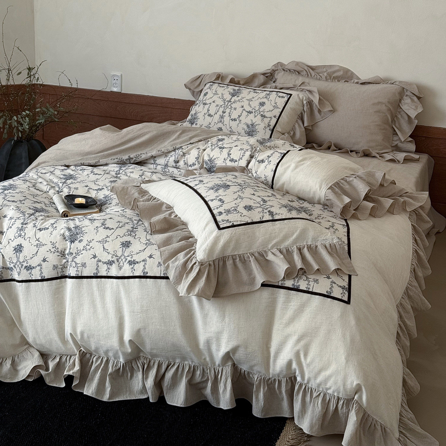 法式复古棉麻床上四件套混纺100纯棉高端荷叶边被套床单床上用品,床上用品,床品套件/四件套/多件套,淘宝优惠券,粉丝福利购,淘宝优惠卷