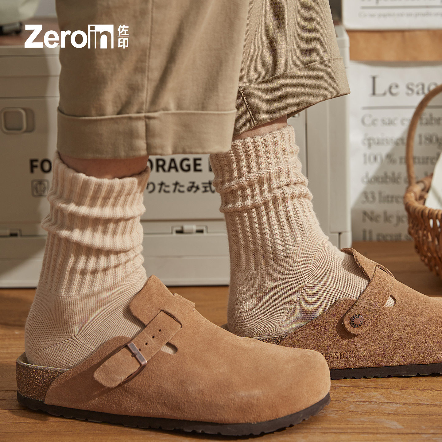 佐印日系粗线袜男士中筒袜子女冬复古堆堆袜纯棉纱线长筒勃肯鞋袜