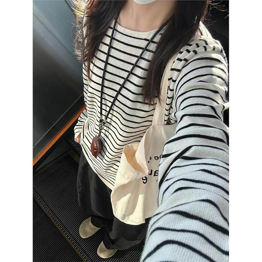 韩系黑白条纹纯棉长袖t恤女春秋内搭打底衫宽松松弛感慵懒风上衣