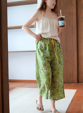 Fishhome原创100%天丝牛油果绿碎花凉感八分裤家居裤可外穿2026