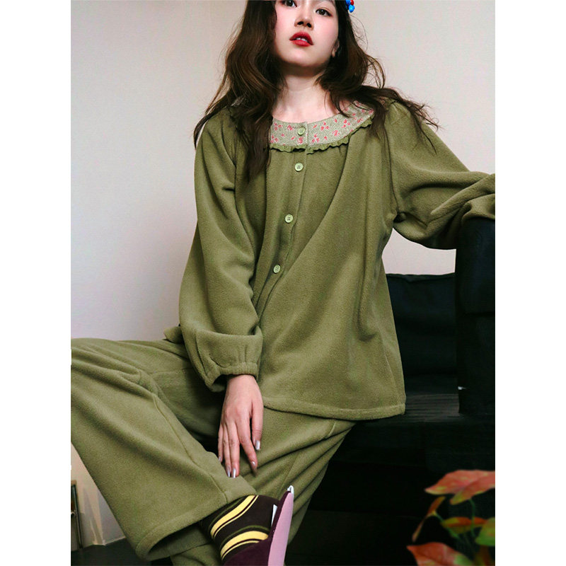 FishHome原创雪松绿加绒保暖摇粒绒复古碎花长袖长裤家居服可外穿,女士内衣/男士内衣/家居服,睡衣/家居服套装,淘宝优惠券,粉丝福利购,淘宝优惠卷