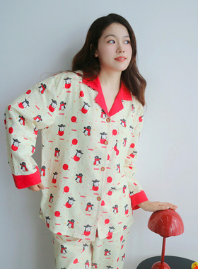 Fishhome原创本命年红色卡通纯棉磨毛长袖长裤家居服睡衣2025新品