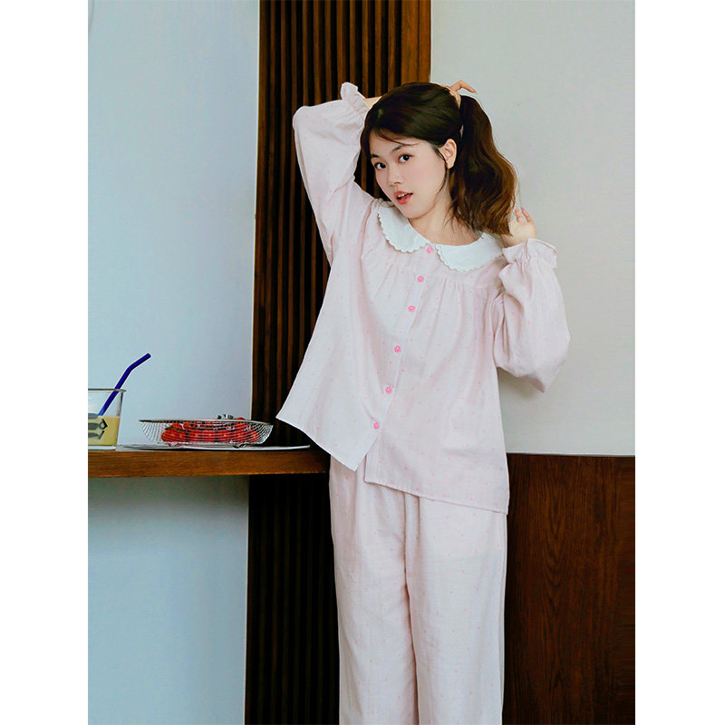 浅粉波点&middot;Fishhome原创纯棉纱布娃娃领三件套短袖长裤睡衣2026春