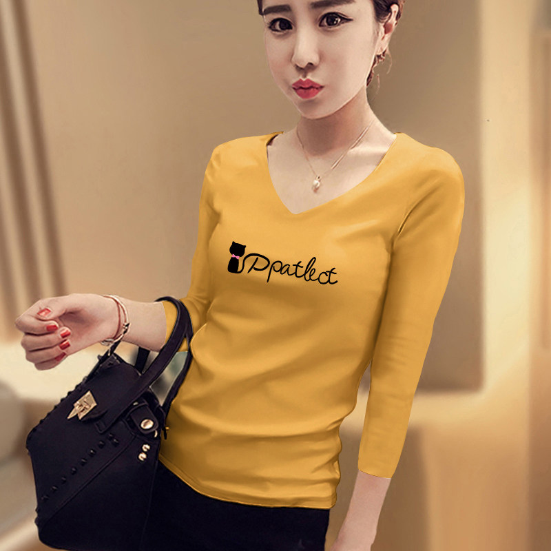 黄色字母印花七分袖t恤女韩版修身纯棉中袖v领时尚百搭五分袖上衣