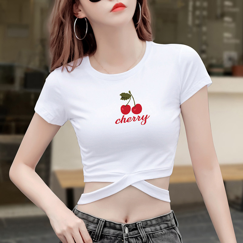 网红个性绑带时尚露脐装樱桃印花短款t恤女韩版紧身高腰纯棉上衣