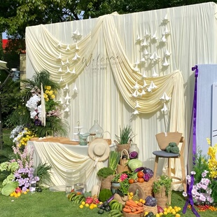 户外草坪婚礼布置香槟色系布幔婚庆装饰背景布奶油风舞台吊顶挂布
