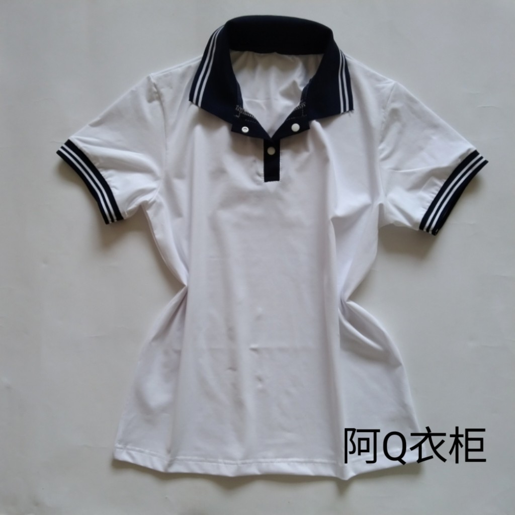 夏季薄款学生校服初高中红袖班服团体服夏 白色棉短袖翻领T恤定制 - 实物图