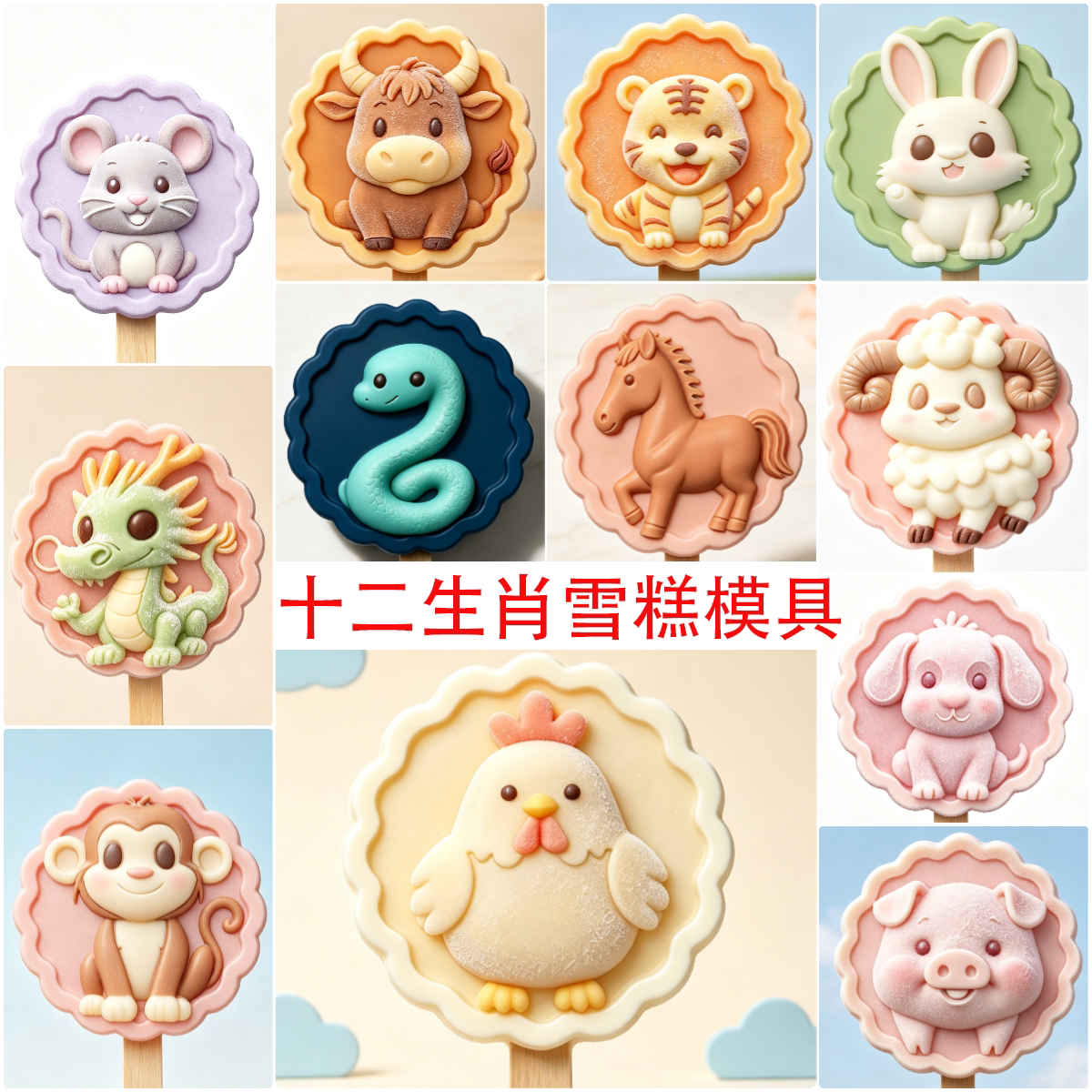 原创卡通动物十二生肖雪糕硅胶模具冰棒冰棍磨具食品级冰淇淋模具
