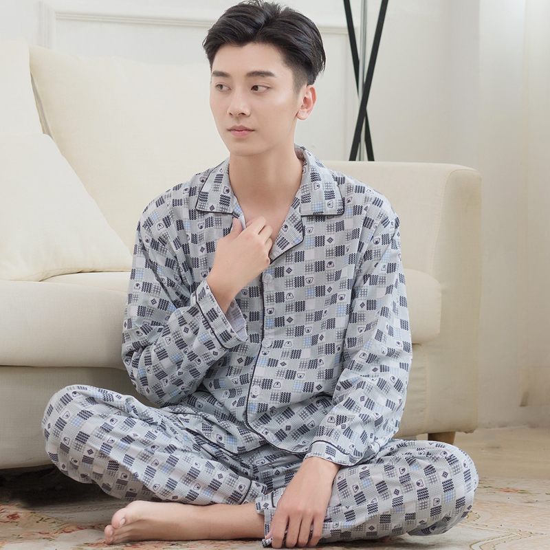 春秋棉布睡衣男长袖夏薄款梭织纯棉家居服青年中老年