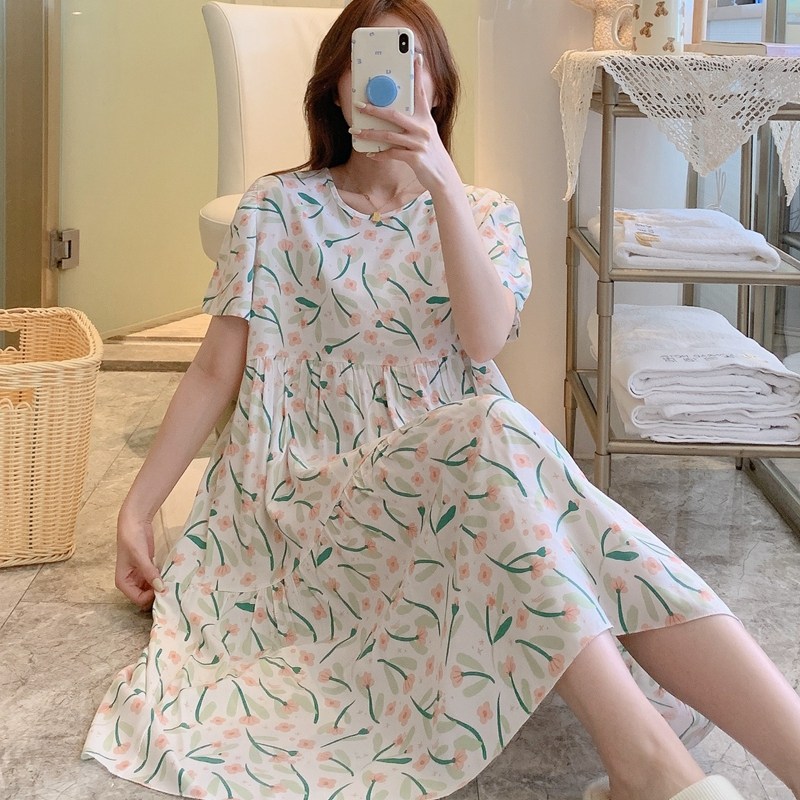 短袖睡裙女夏棉绸睡衣绵绸连衣裙人造棉睡衣裙薄款长裙子可爱甜美