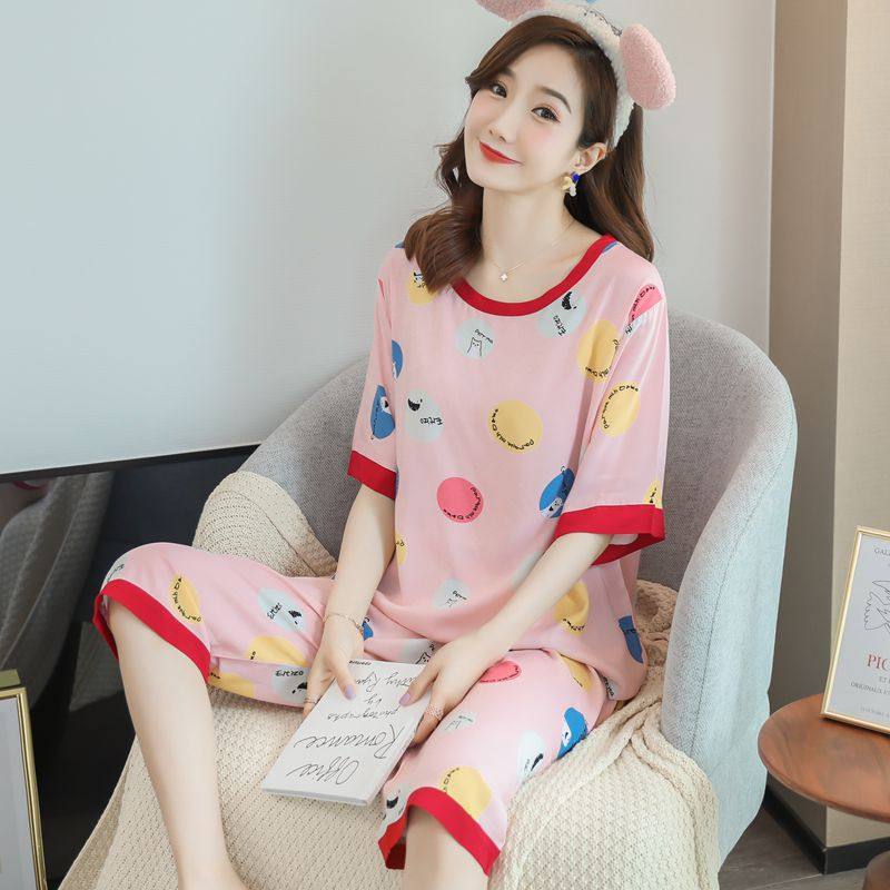 棉绸睡衣女夏短袖中裤绵绸家居服人造棉套装薄款学生卡通可爱大码