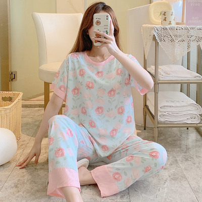 棉绸妈妈睡衣女夏短袖长裤春秋