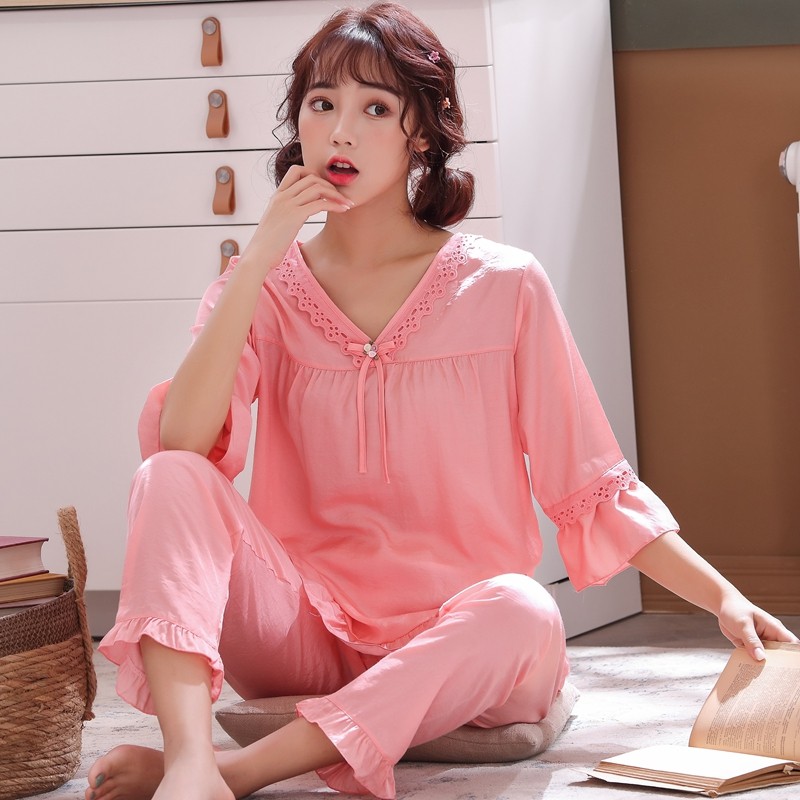 天丝棉睡衣女春秋九分袖棉绸睡衣长袖绵绸家居服韩版学生甜美套装