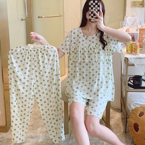 三件套棉绸睡衣女夏短袖长裤防凸点绵绸家居服中裤人造棉套装外穿