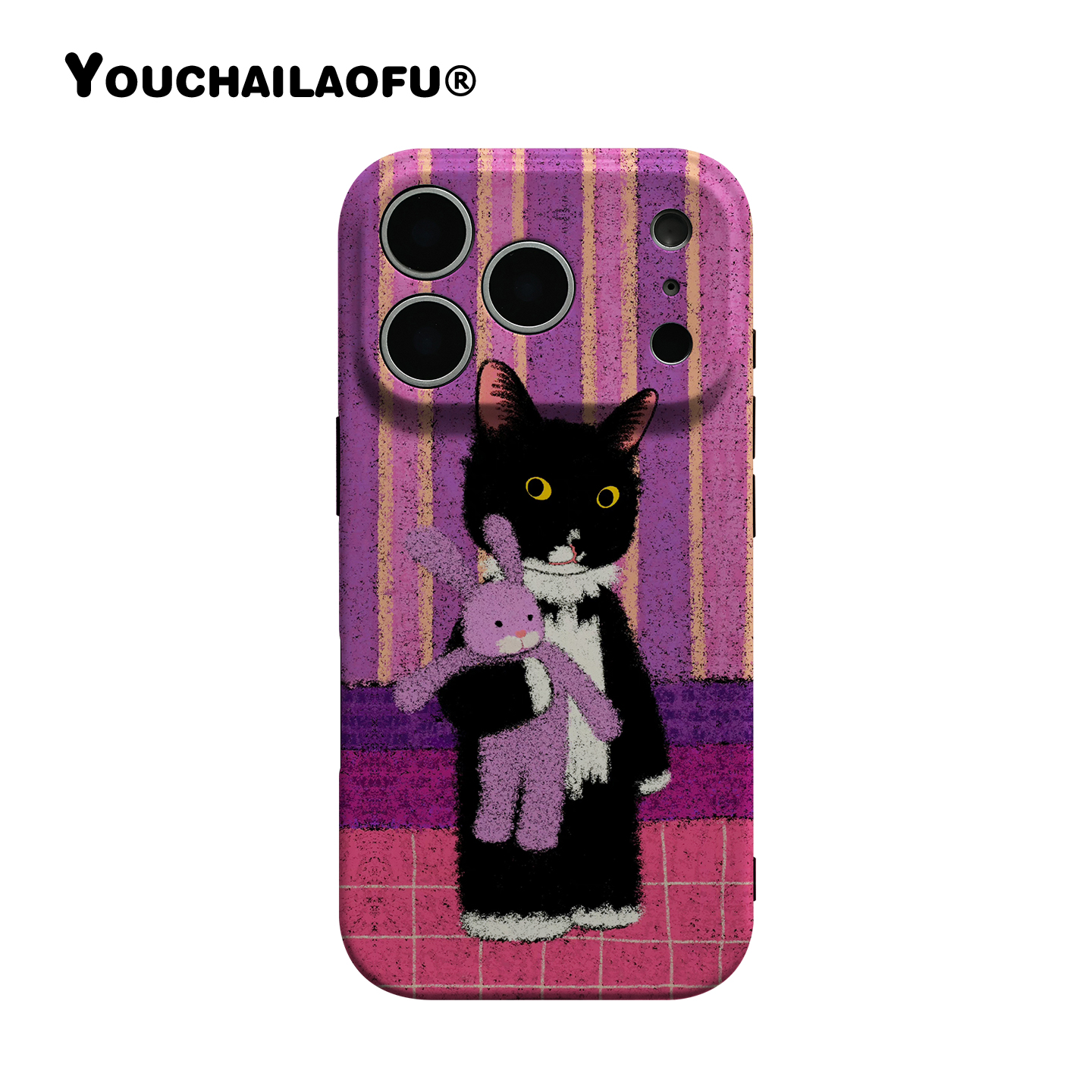 韩油画黑猫与兔子适用苹果手机壳