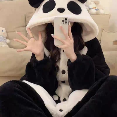 熊猫睡衣女款冬季珊瑚绒加厚加绒冬天可爱浴袍连体长款睡袍家居服