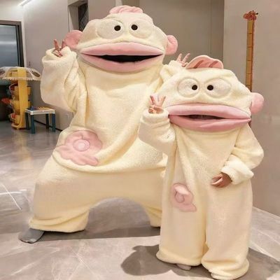 汉顿丑鱼情侣睡衣女秋冬季珊瑚绒搞怪卡通连体睡袍男款加厚一体式