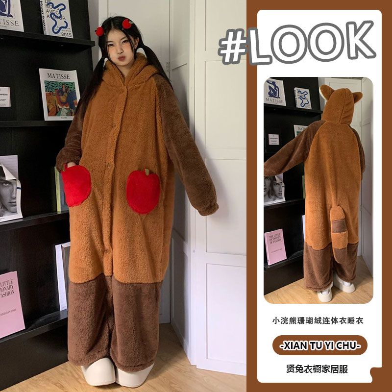 小浣熊睡衣女款冬季睡袍珊瑚绒加厚加绒长款连体秋冬天家居服套装