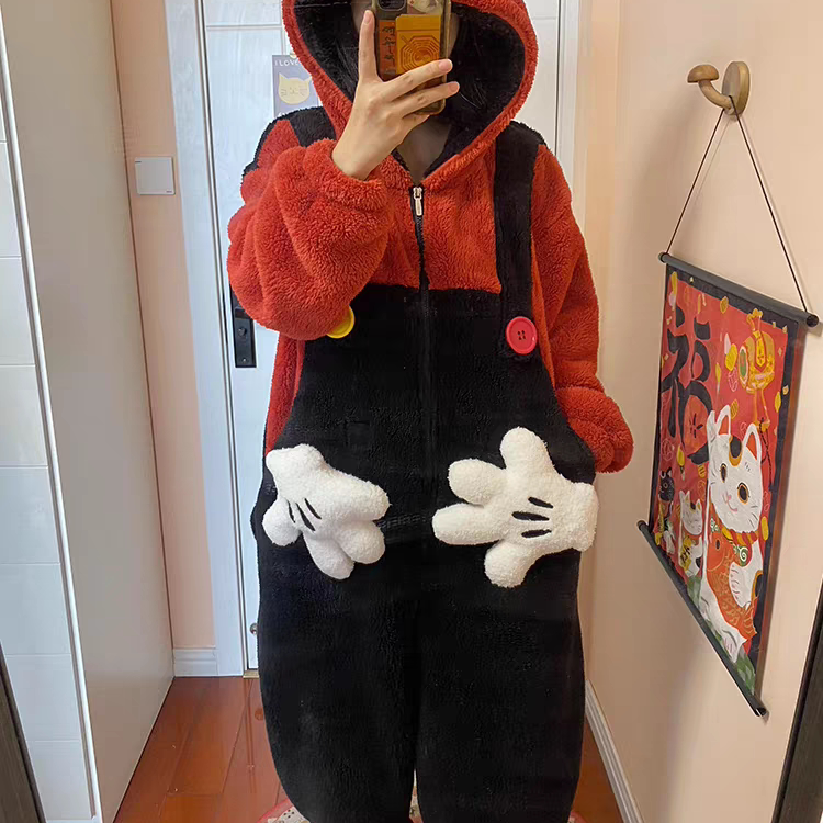 米奇情侣连体睡衣女款秋冬季珊瑚绒加厚加绒男款成人一体式家居服