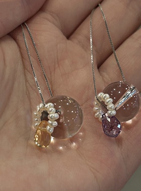 AC定制 新款天然白水晶黄紫水滴吊坠天然淡水珍珠通体纯银项链女