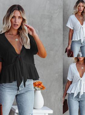 Women's patchwork short sleeved tied ruffle top