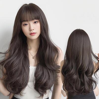 Air bangs wig, long curly hair, fluffy, and facial