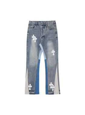Women's cross leather patchwork micro flared jeans