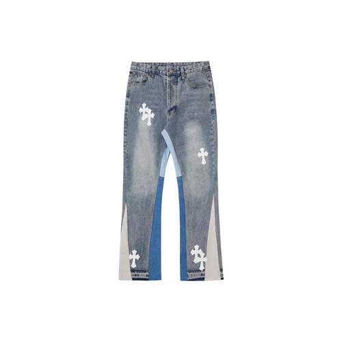Women's cross leather patchwork micro flared jeans